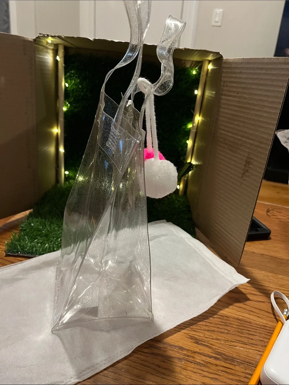 GRAPHIQUE Clear Glitter Wine Tote with Pink & White Pom Poms